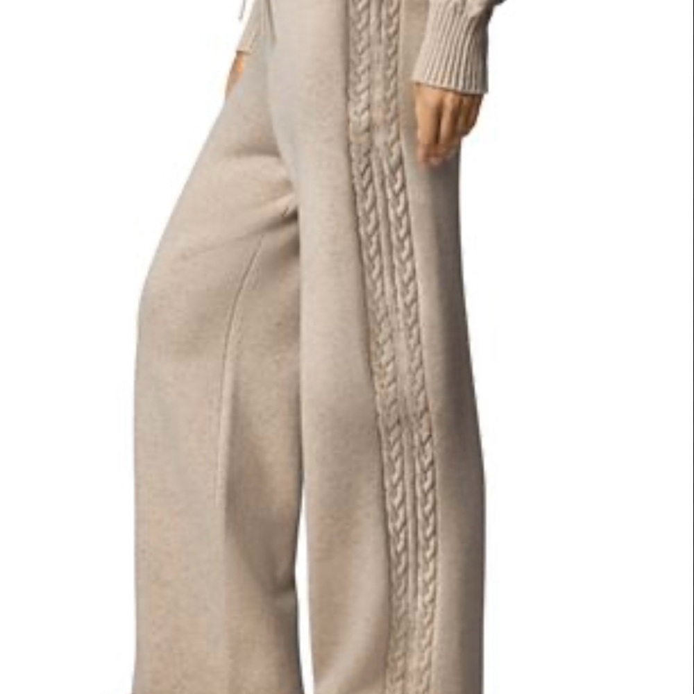 Elegant Beige Cable Knit Wide Leg Pants
